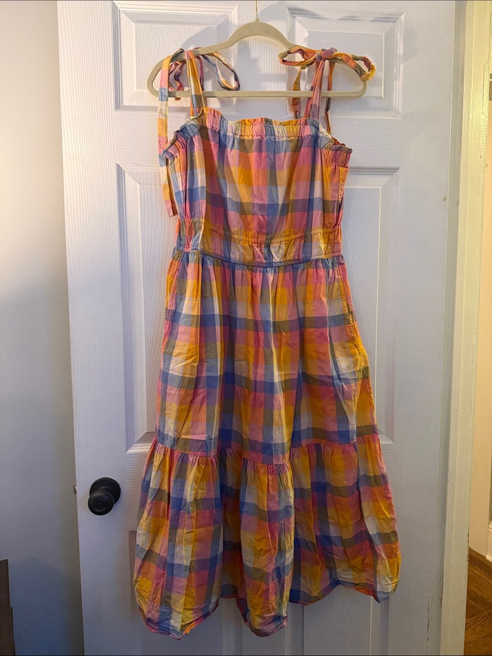 Tie-Shoulder Plaid Maxi Dress